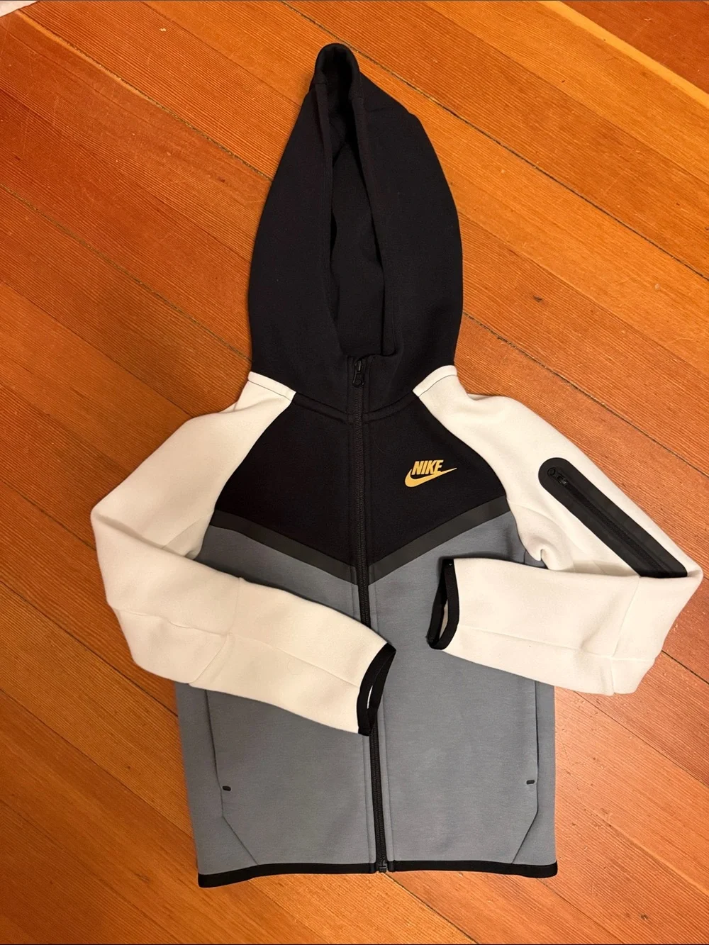 Nike Kids Black, Gray & White Full-Zip Hoodie with Gold Swoosh